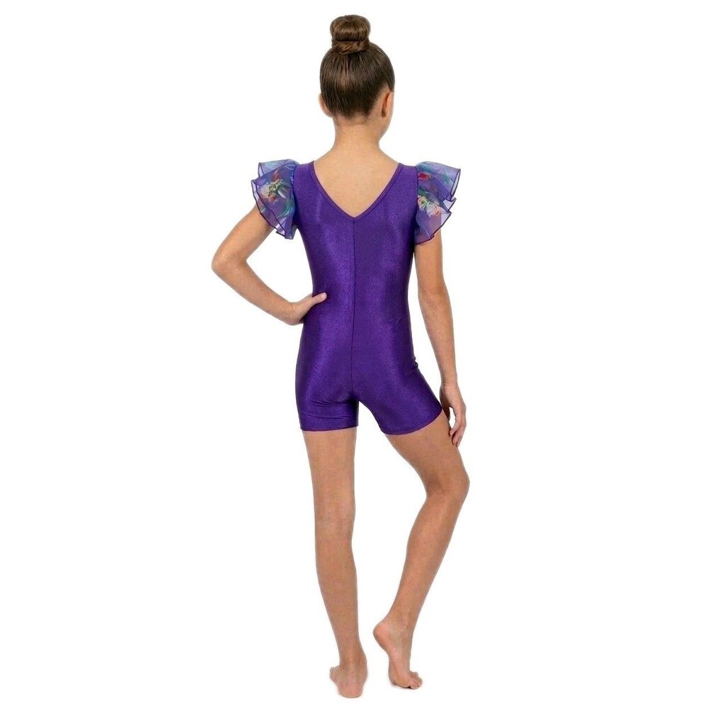 Body Wrappers VTG Royal Purple Chiffon Ruffle Lycra Unitard Biketard Kids 12/14 - Picture 2 of 12